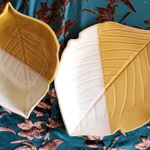 Kirklands Golden and Cream Ceramic Leaf Bowl And Leaf Plate Decor Set♡